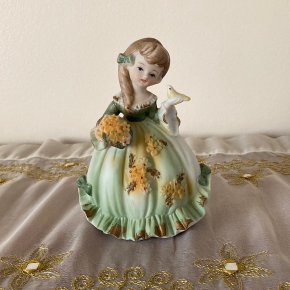 Lefton China Hand Painted Bisque Porcelain Girl holding Bird and Flower Basket - Picture 2 of 10